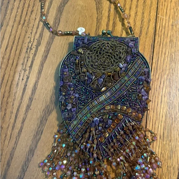 Vintage Beaded Evening Bag w/ Fringe – Purple & Bronze Statement Purse - Picture 4 of 7